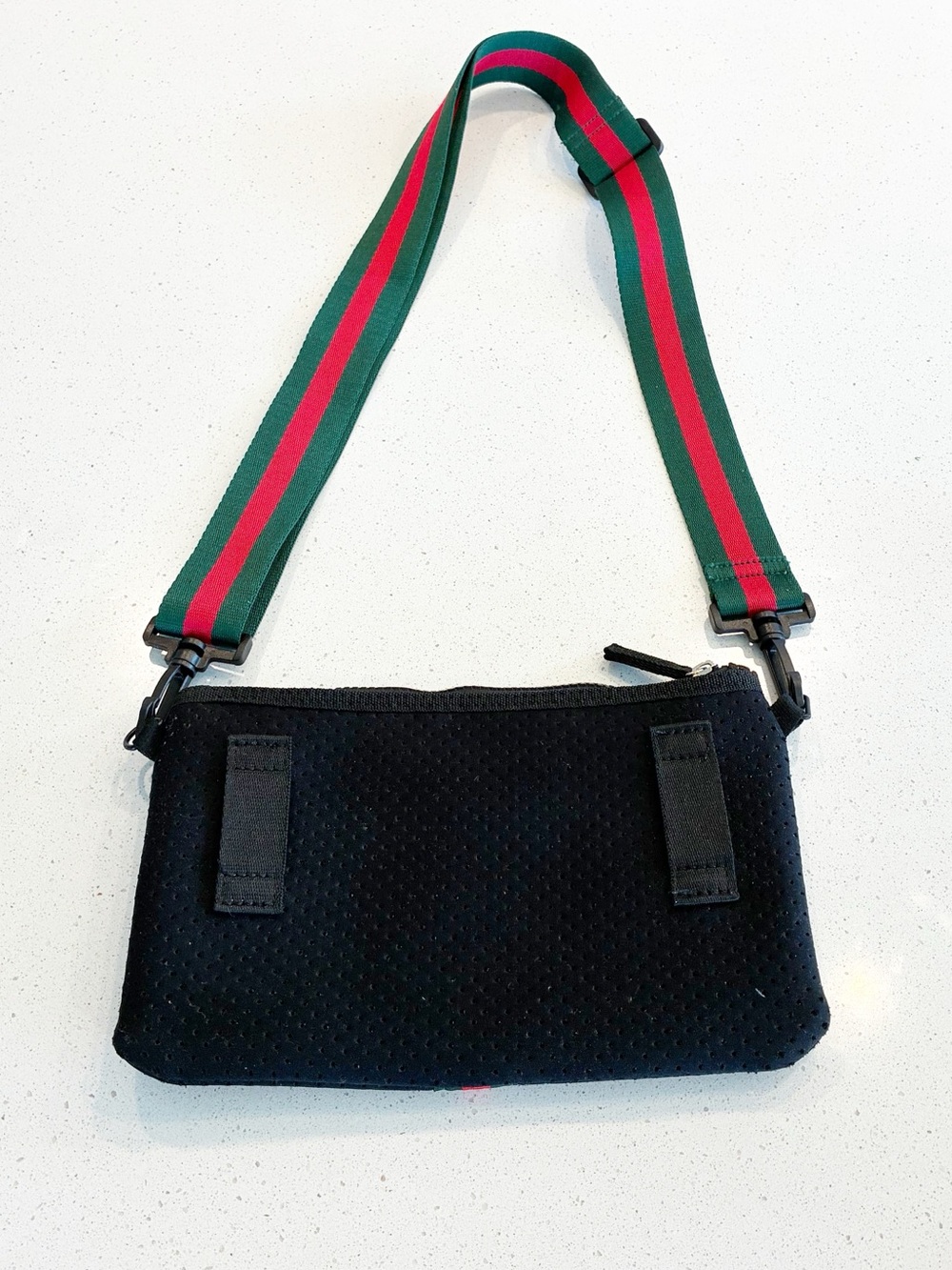 Black Crossbody Neoprene Pouch with Green and Red Stripe Adjustable Strap - Picture 6 of 15